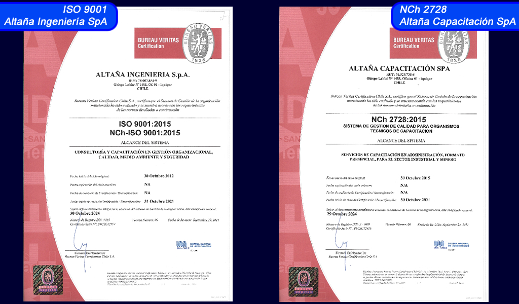 RECERTIFICACIÓN ISO 9001 ALTAÑA ING. Y NCh 2728 ALTAÑA CAP.